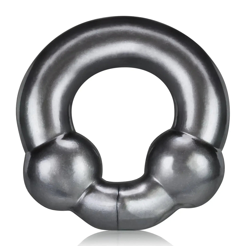 Silver metallic cockring with two spherical beads on either side of the circular band from oxballs ultraballs 2 pk