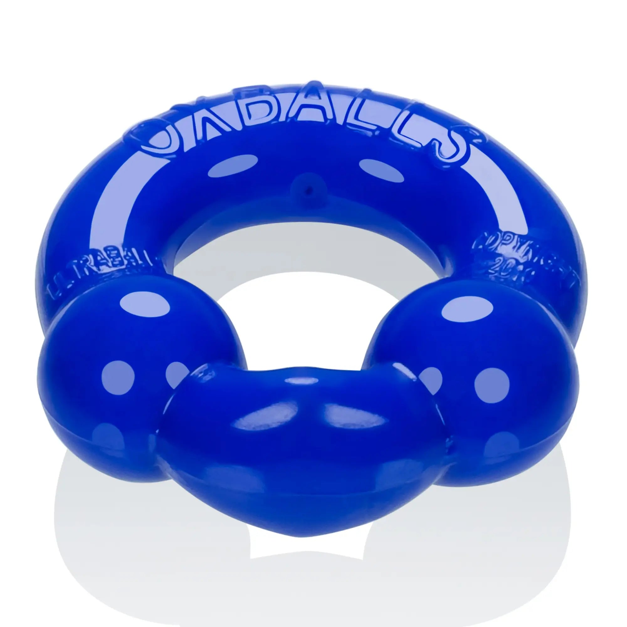 Blue plastic oxballs ultraballs cockring with three rounded protrusions white polka dots branded dadalls
