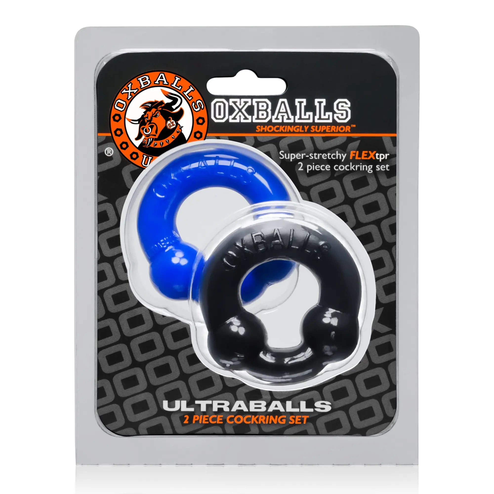 Blue and black silicone cockrings in clear package with oxballs logo oxballs ultraballs 2 pk cockring