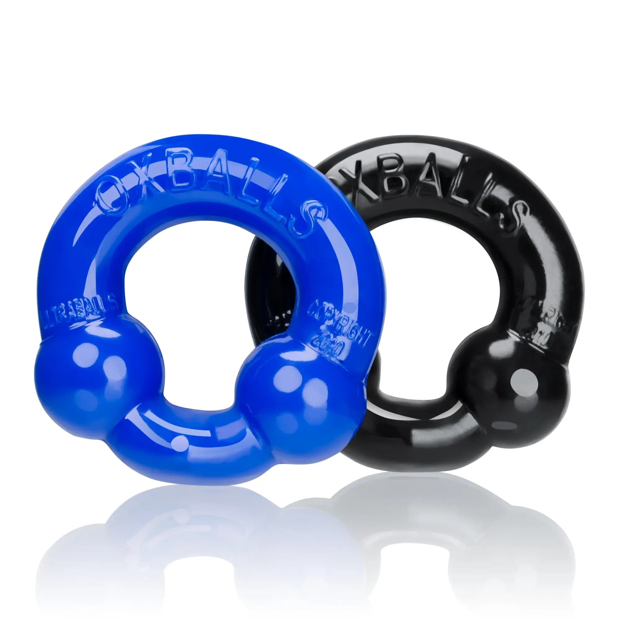 Oxballs ultraballs 2 pk cockring in black and pool blue silicone with a glossy finish for enhanced comfort and durability