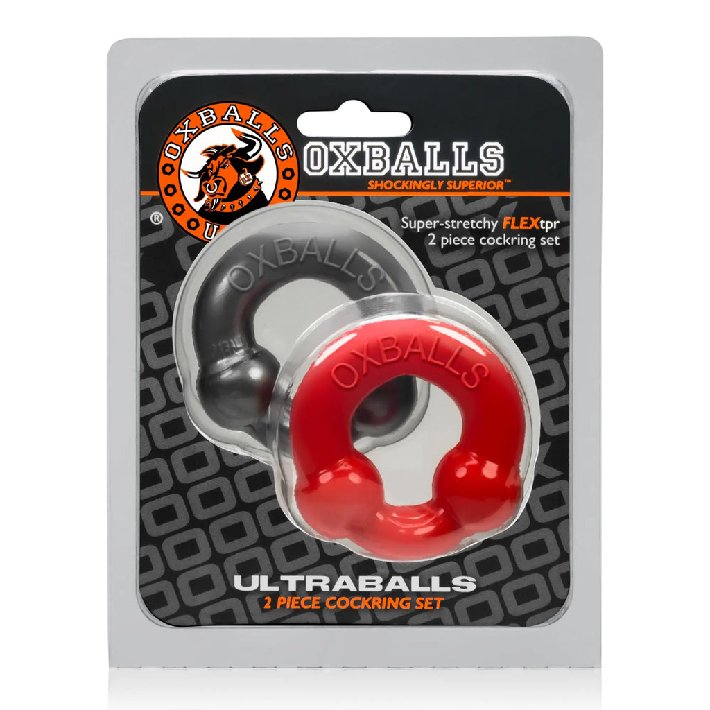 OxBalls Ultraballs 2 piece cockring set in red and black steel designed for enhanced performance in clear packaging
