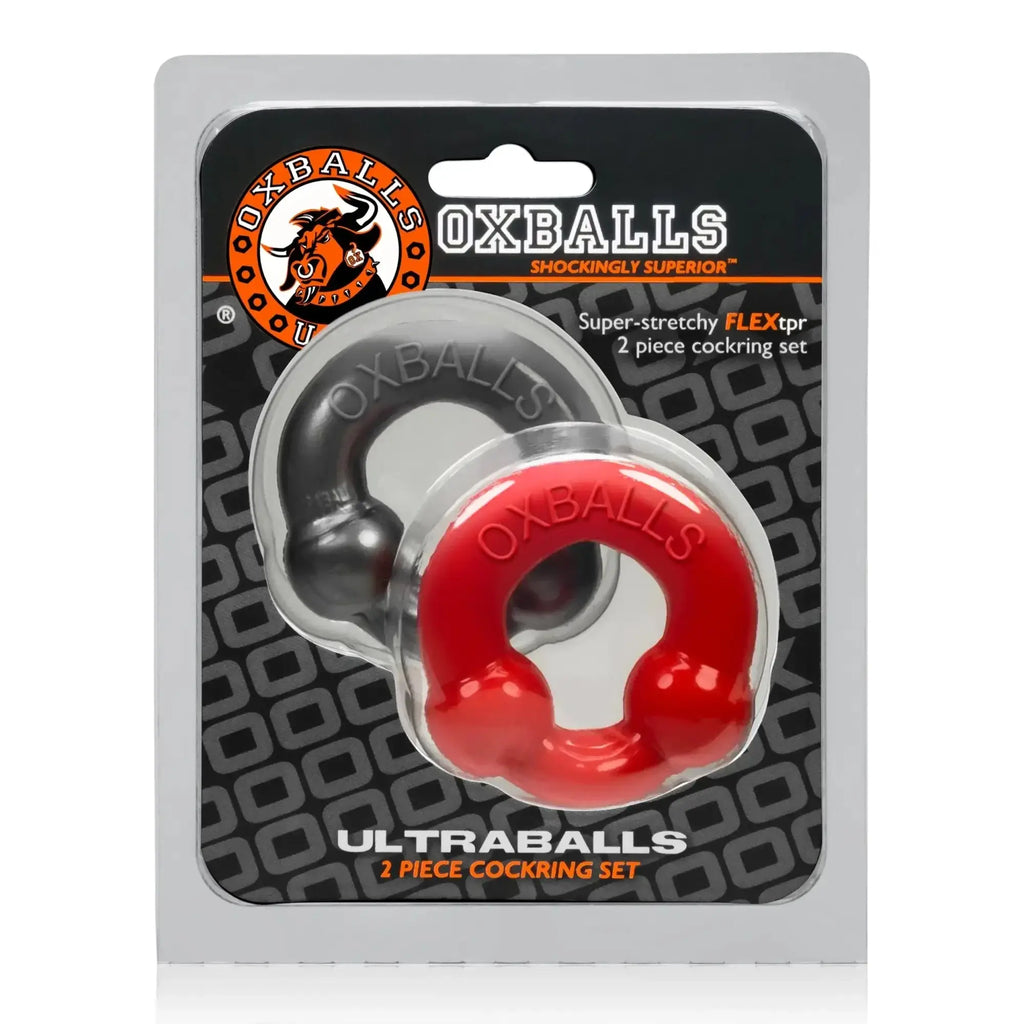 OxBalls Ultraballs 2 piece cockring set in red and black steel designed for enhanced performance in clear packaging