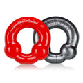 Oxballs Ultraballs 2 pk cockring in red and black silicone with glossy finish and embossed branding