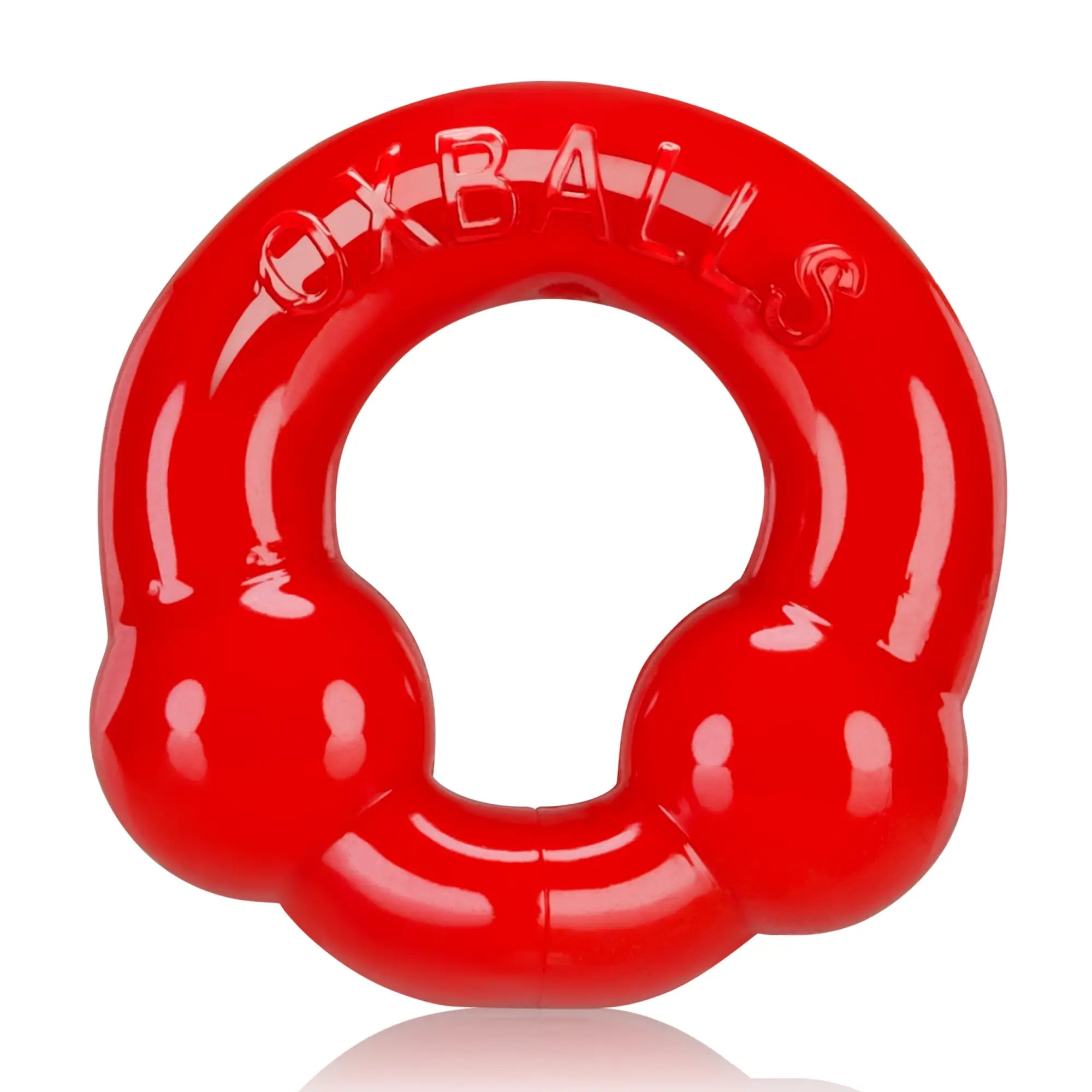 Bright red glossy plastic cockring with oxballs embossed on top from oxballs ultraballs 2 pk steel and red