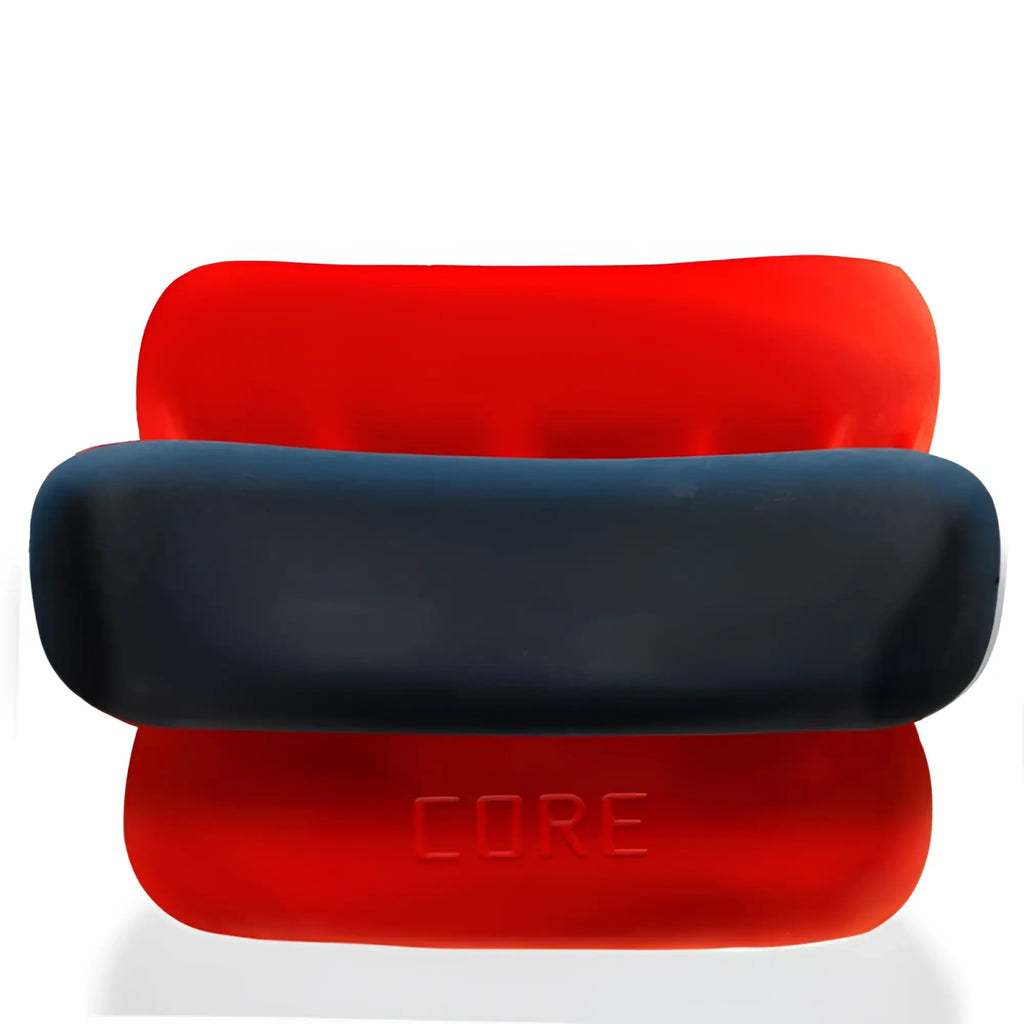 Red and navy blue silicone wristbands with core embossed on the red one for oxballs ultracore core ballstretcher use