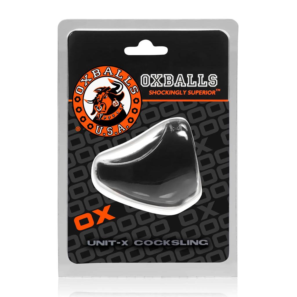 Clear translucent silicone cock sling with sleek curved design and white trim in OxBalls Unit X Cocksling Black style