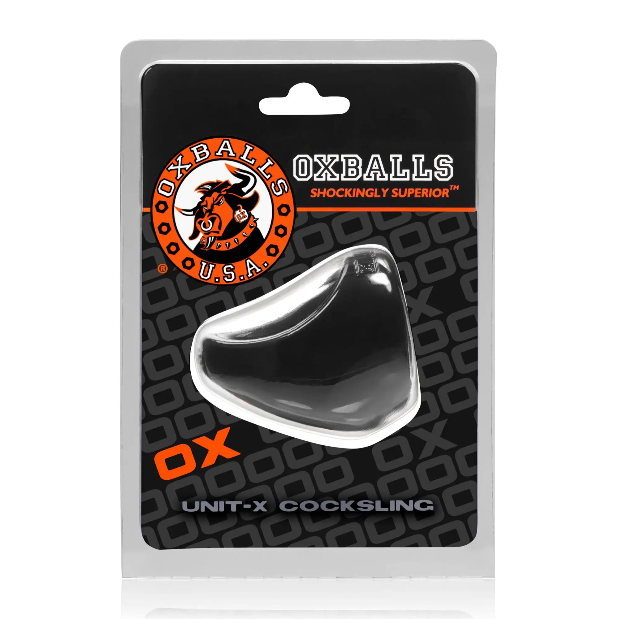 Clear translucent silicone cock sling with sleek curved design and white trim in OxBalls Unit X Cocksling Black style