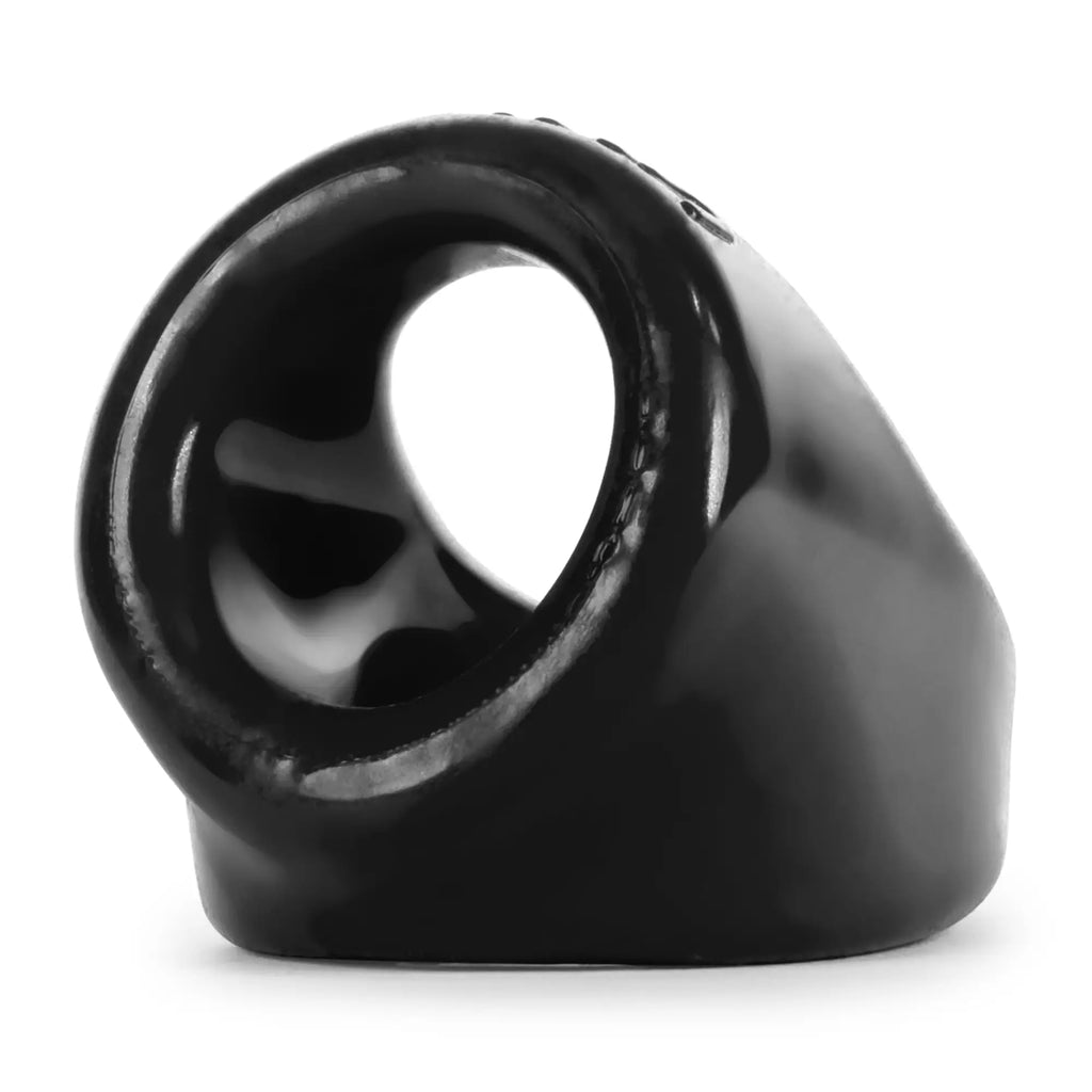 Black glossy silicone ring oxballs unit x cocksling with smooth rounded interior and textured exterior surface