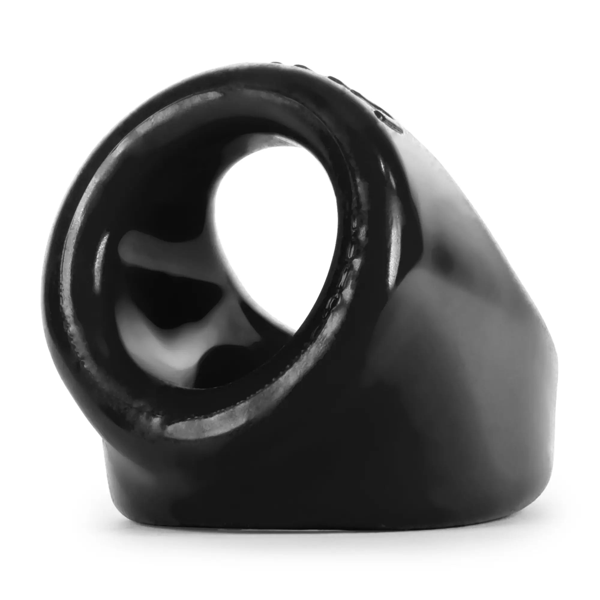 Black glossy silicone ring oxballs unit x cocksling with smooth rounded interior and textured exterior surface