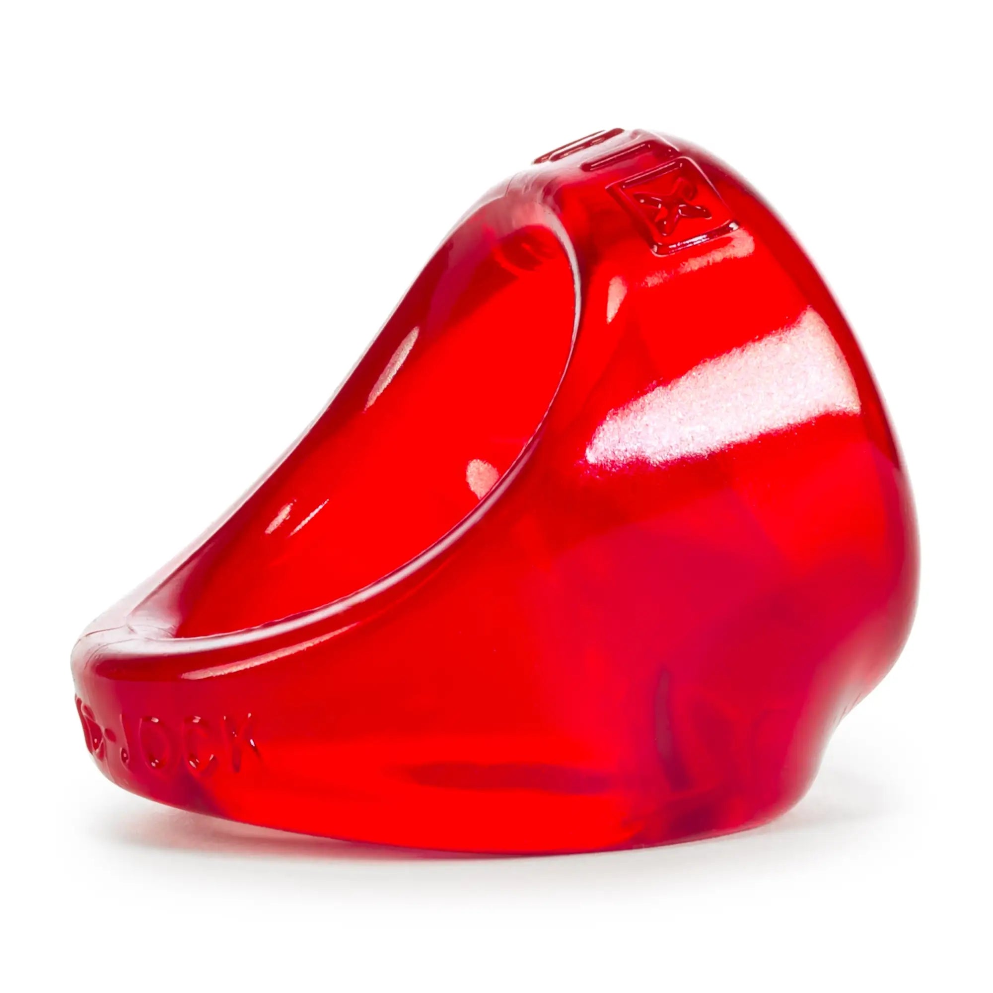A translucent red silicone oxballs unit x cocksling ring with a smooth glossy finish and ergonomic design