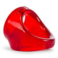 Vibrant red translucent silicone oxballs unit x cocksling ring with smooth glossy finish and embossed branding