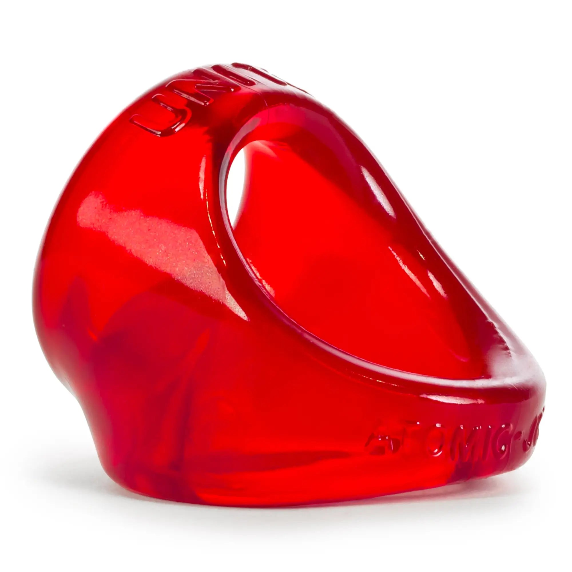 Vibrant red translucent silicone oxballs unit x cocksling ring with smooth glossy finish and embossed branding