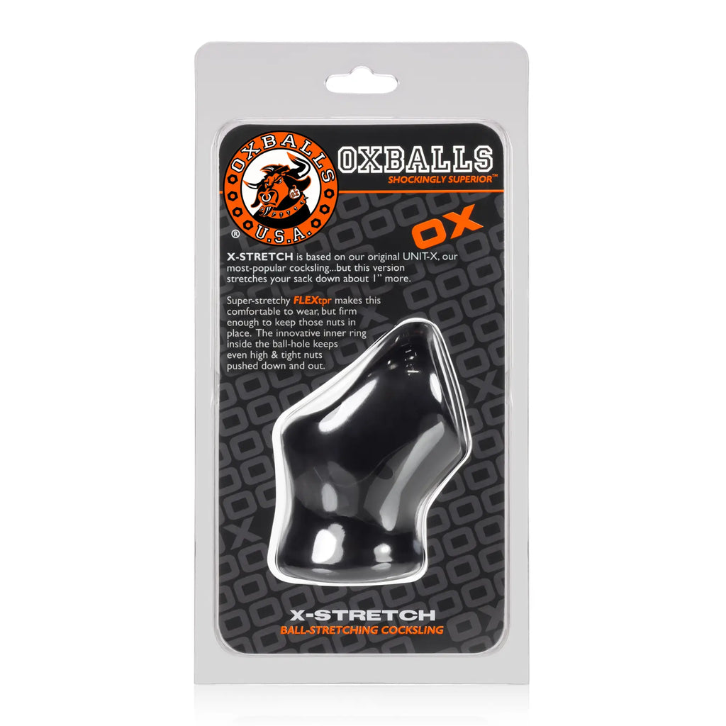 Black glossy plastic oxballs unit x stretch cocksling with contoured design and inner ring for secure fit