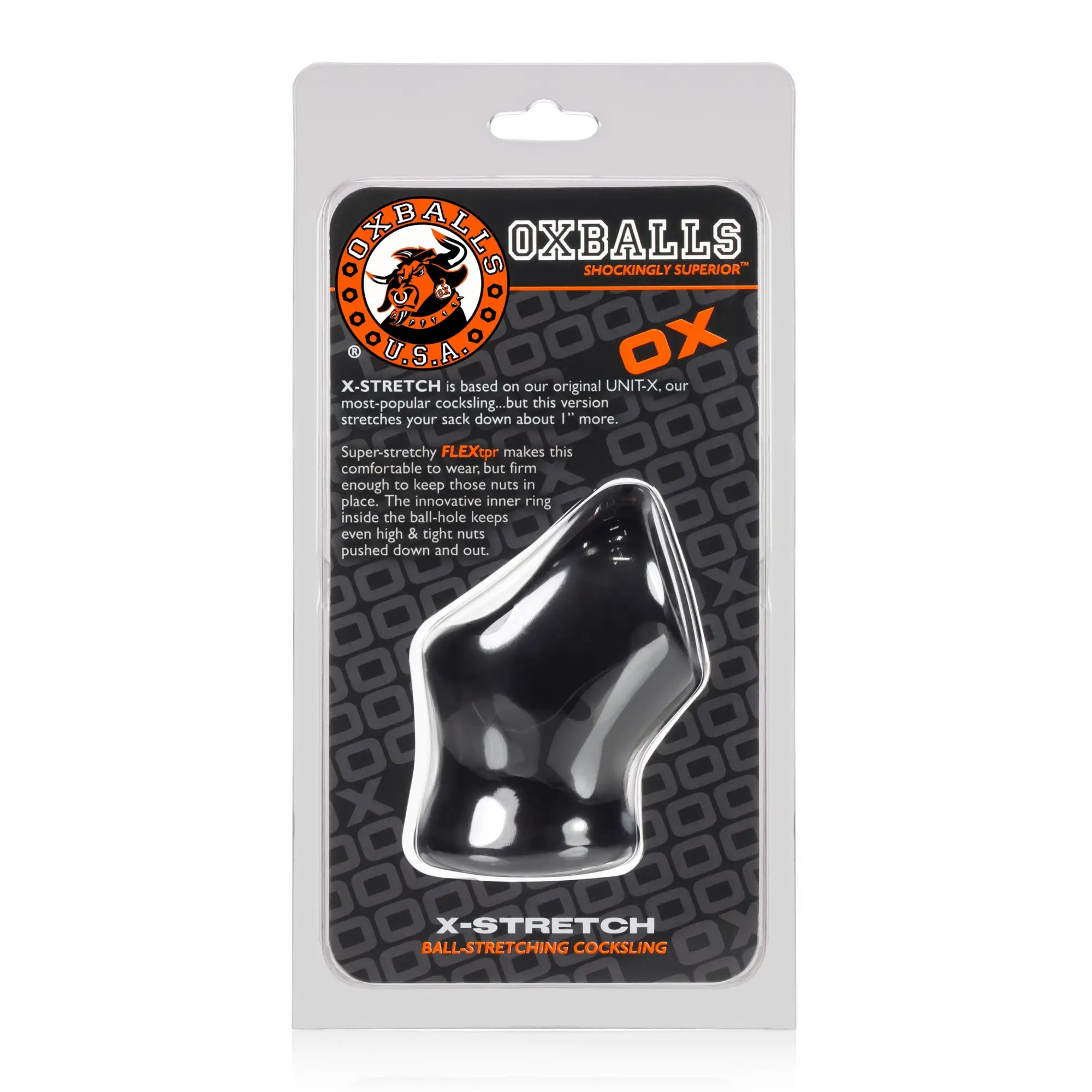 Black glossy plastic oxballs unit x stretch cocksling with contoured design and inner ring for secure fit