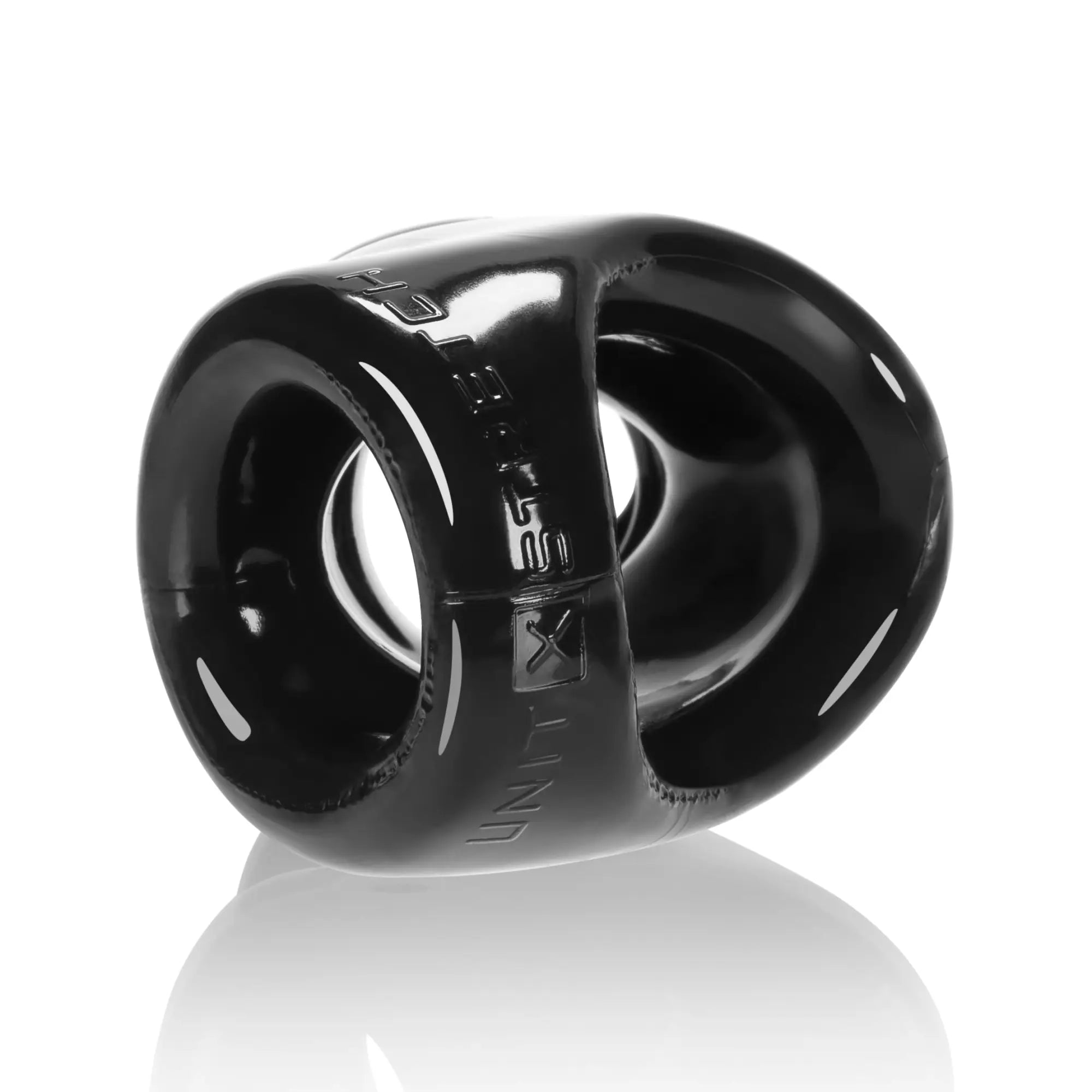Black glossy silicone anal plug oxballs unit x stretch cocksling with sleek ergonomic design and embossed branding