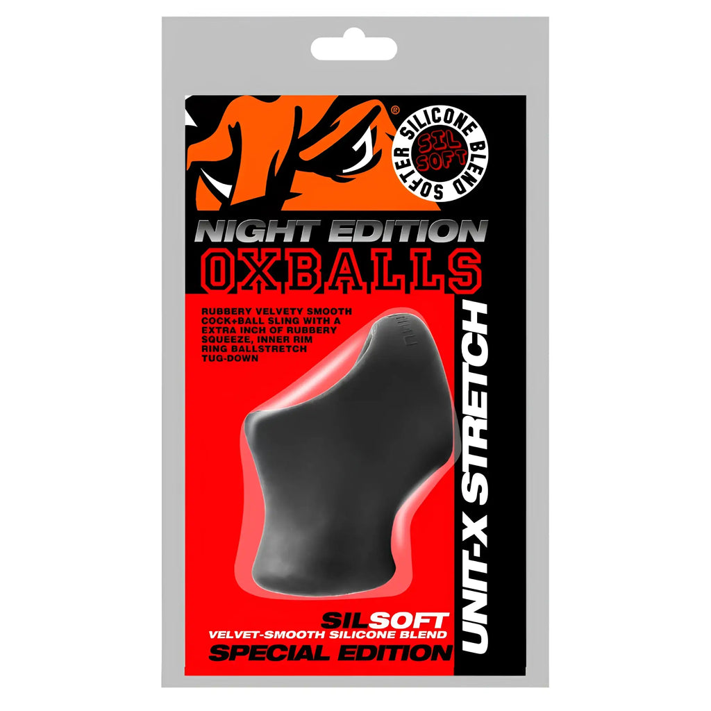 Black silicone oxballs unit-x stretch tug-down ball with smooth velvety texture and inner stretch ring