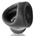Black silicone cock ring with embossed oxballs brand name for ball stretch in unit-x stretch tug-down design