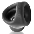 Black silicone cock ring with embossed oxballs brand name for ball stretch in unit-x stretch tug-down design