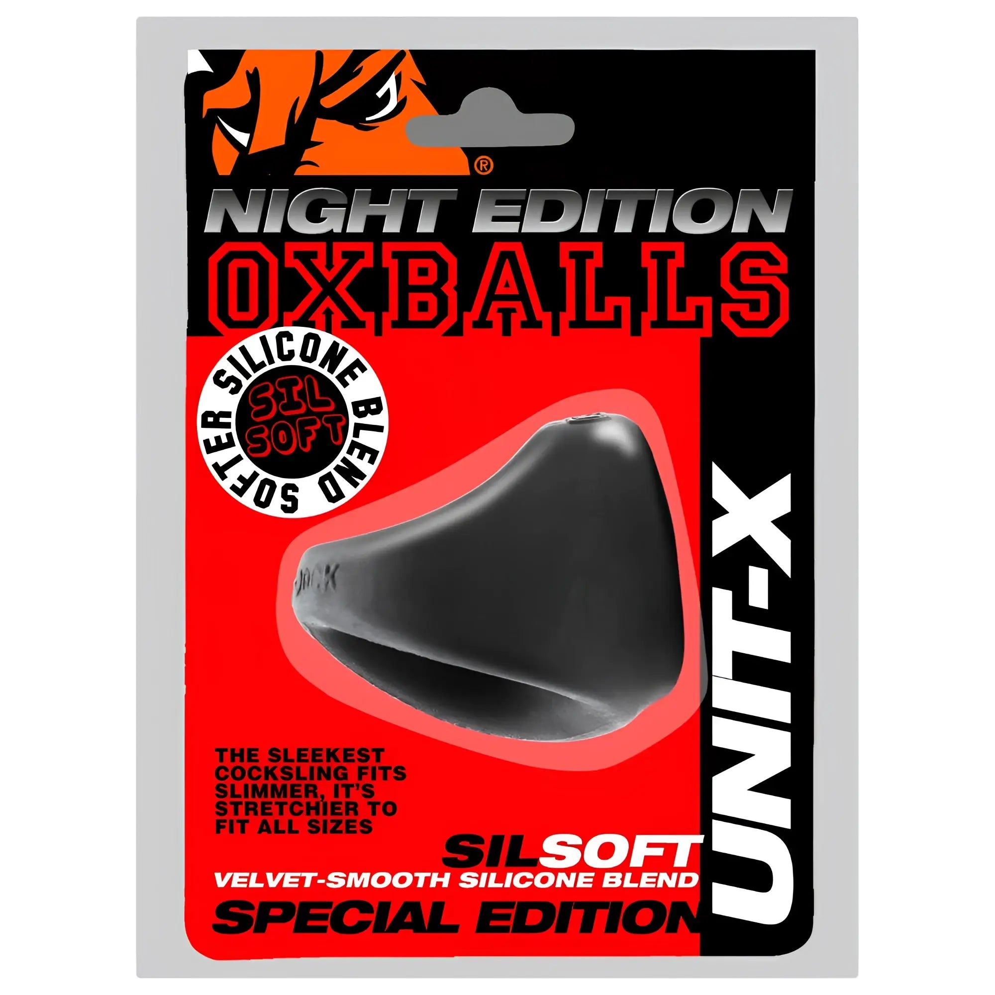 Black silicone OxBalls Unit-X cockring with smooth curved design and stretchy slimmer fit for night use