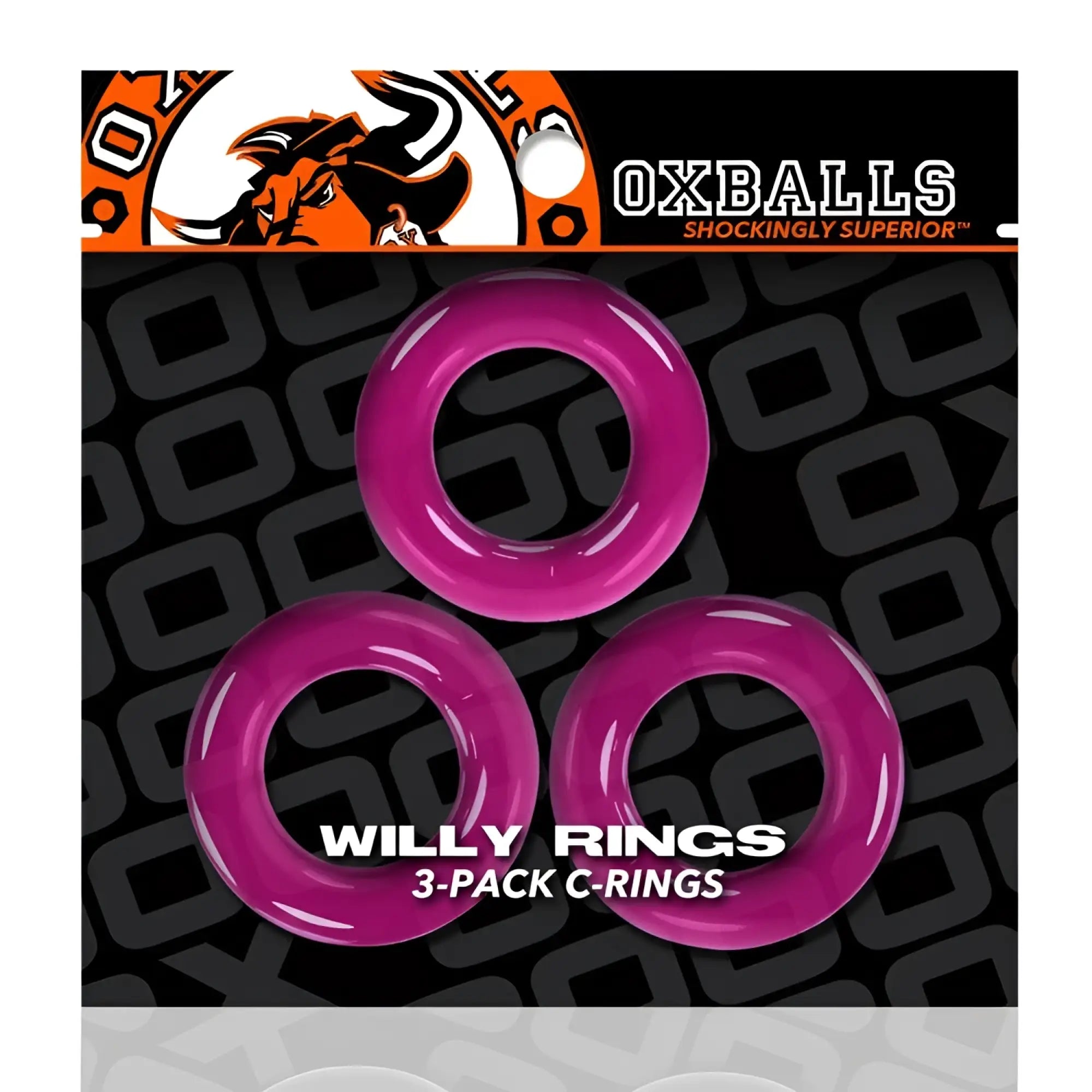 Vibrant magenta silicone c-rings 3-pack by oxballs for enhancing pleasure in the oxballs willy rings hot pink set
