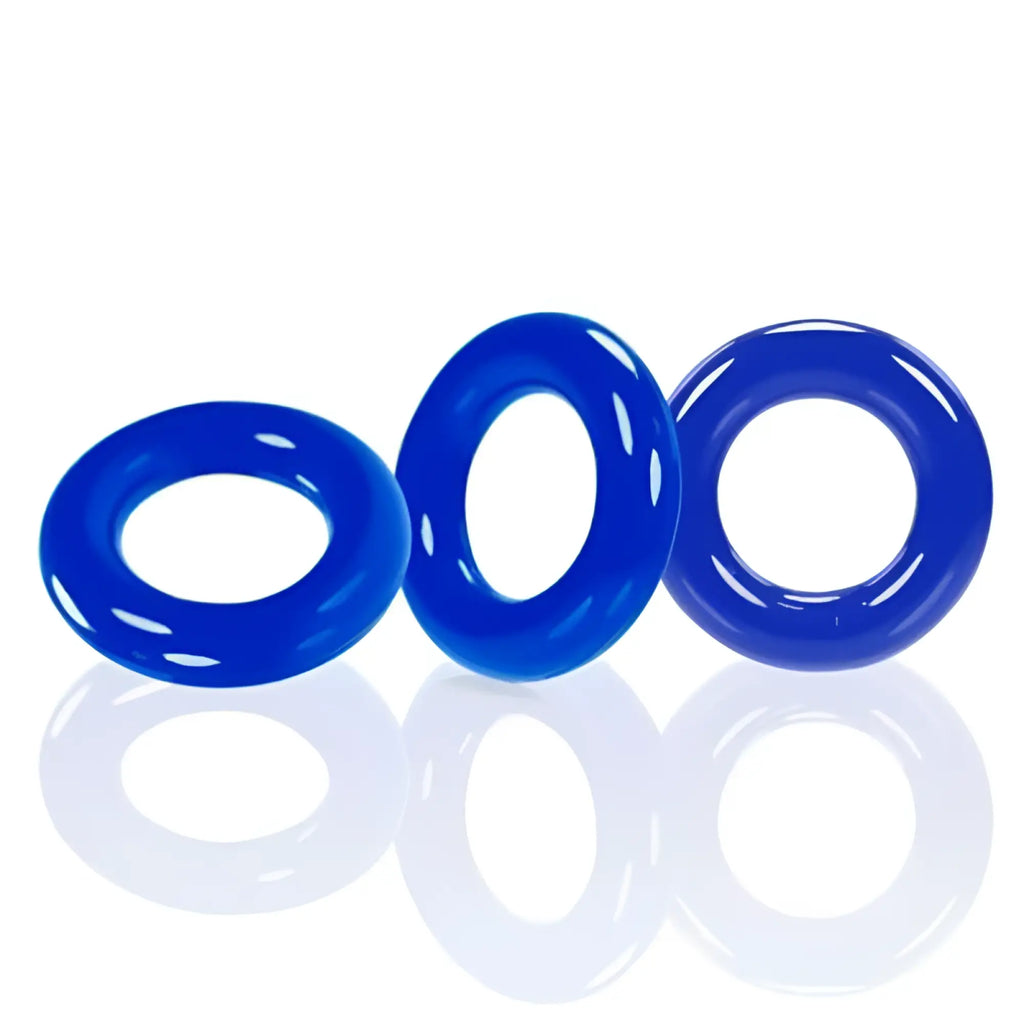 Three vibrant blue glossy silicone oxballs willy rings arranged in a row for comfortable wear and durability