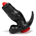 Black silicone anal plug with red tip and base branded vogue oxballs woof hollow plug with stopper in black and red