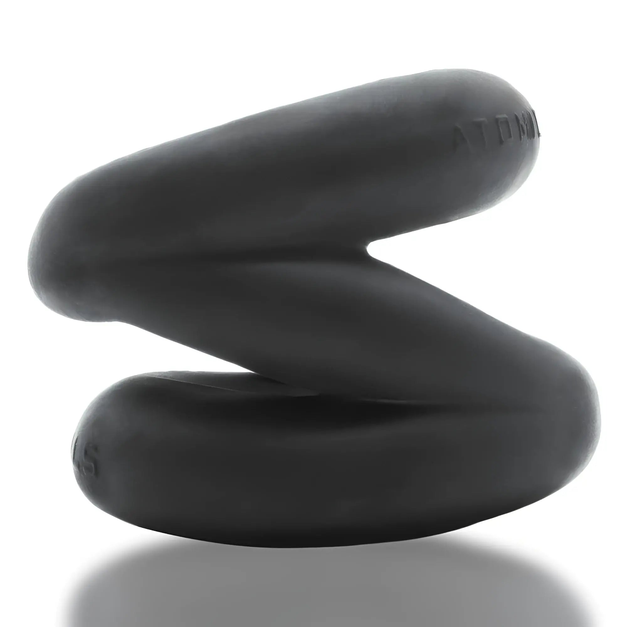 Black matte silicone oxballs z-balls zig-zag cock ring with bold s-shaped design and embossed atdk branding