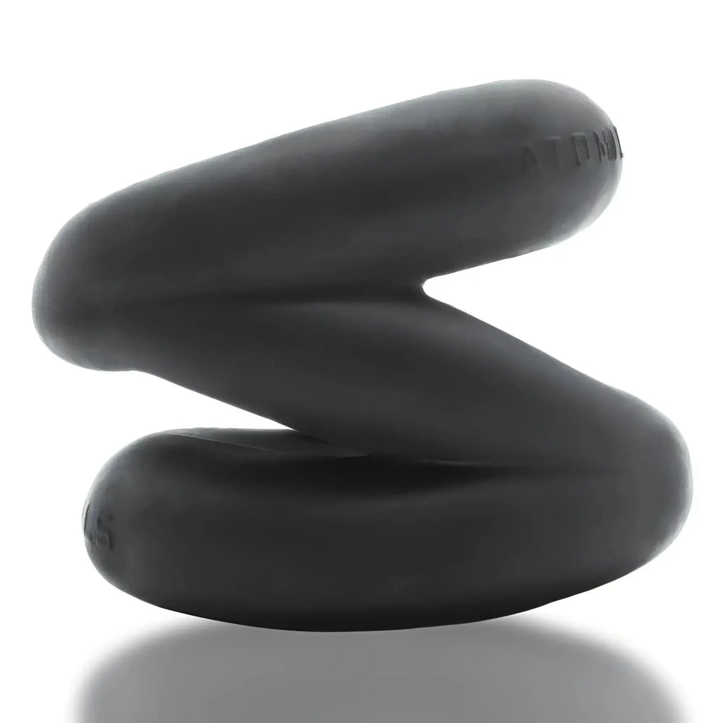 Black matte silicone oxballs z-balls zig-zag cock ring with bold s-shaped design and embossed atdk branding