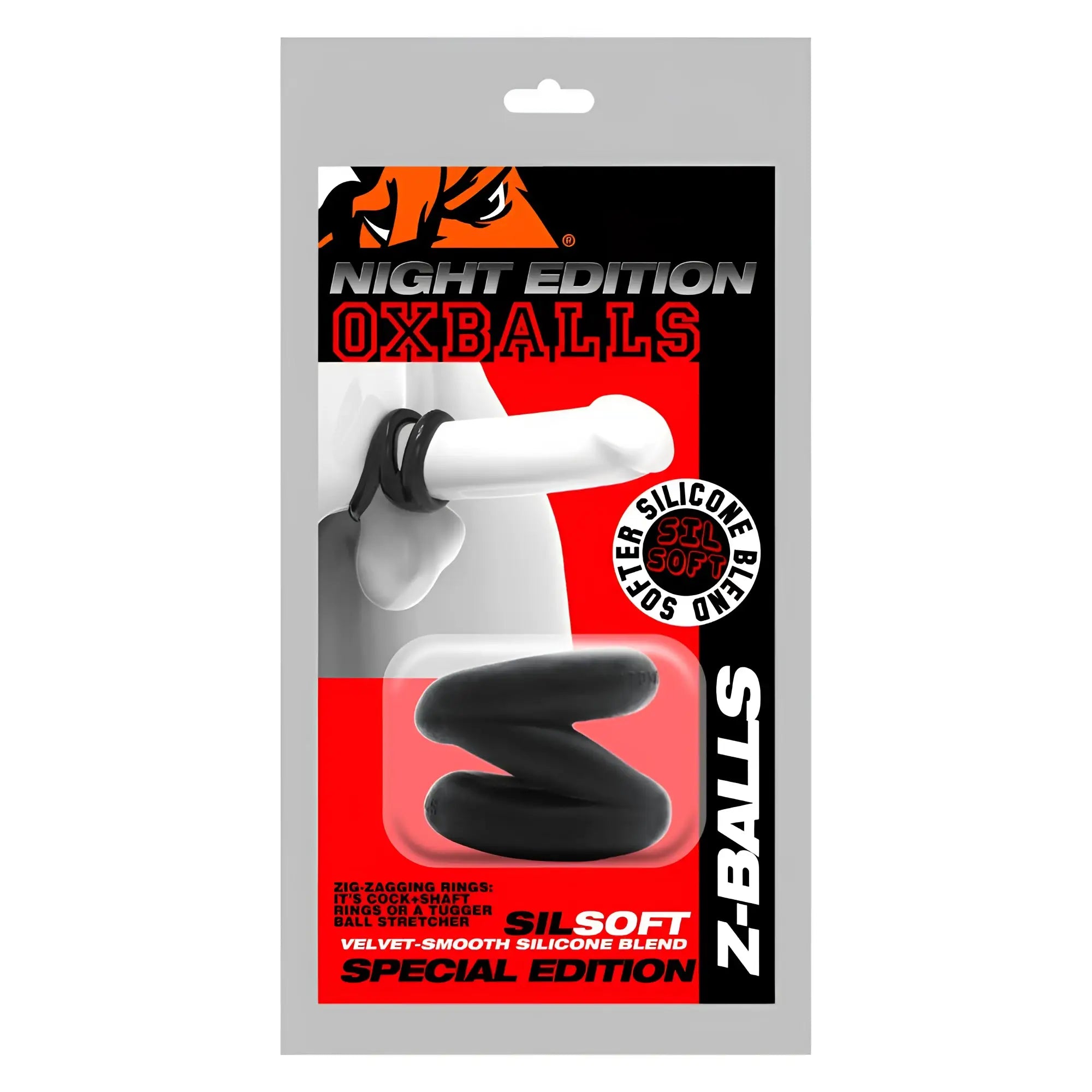 Black silicone z-balls cock and ball stretcher in red and black packaging from oxballs z-balls zig-zag night collection