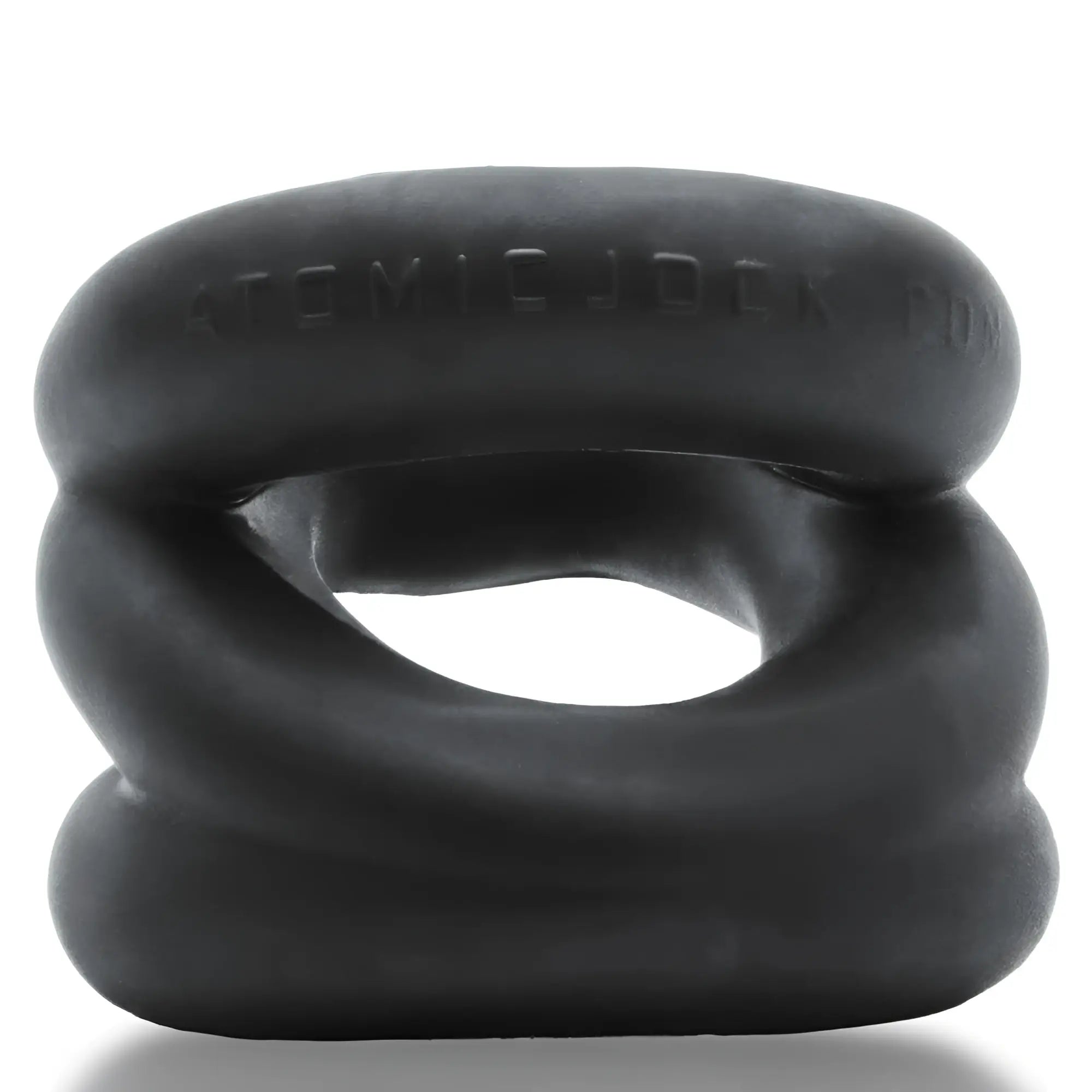 Black silicone oxballs z-balls zig-zag cock ring with textured segmented design and atomic jock branding visible