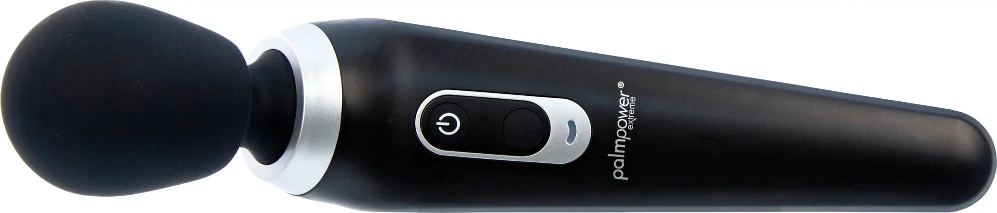 Black palmsway massager by PalmPower Extreme with sleek ergonomic design and silver accent trim around power button