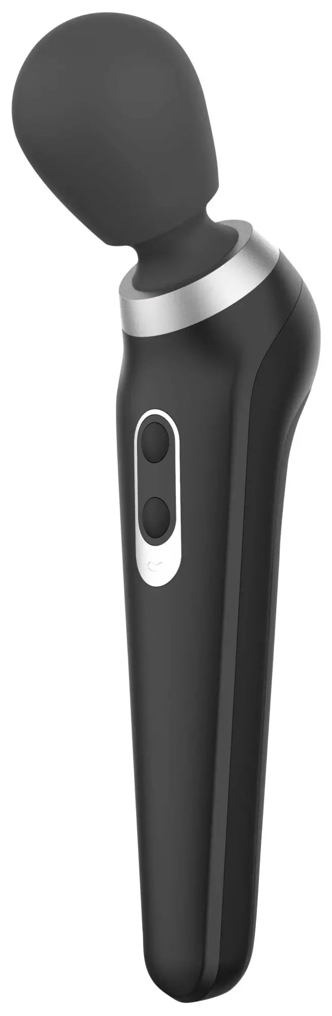 PalmPower Extreme Black wand-style vibrator in black silicone with silver metallic accent and two circular control buttons