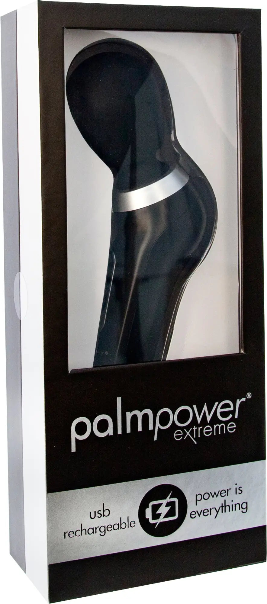 Black palmpower extreme usb rechargeable vibrator with sleek glossy finish and silver accent band by PalmPower