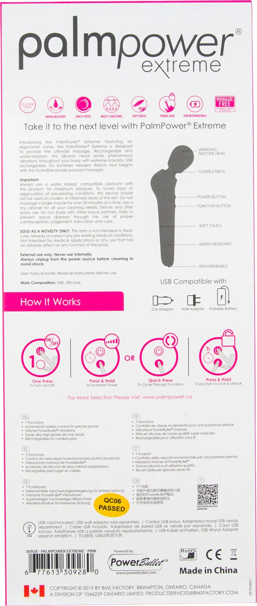 Black palmpower extreme portable charger in pink with sleek ergonomic design and usb ports on the side