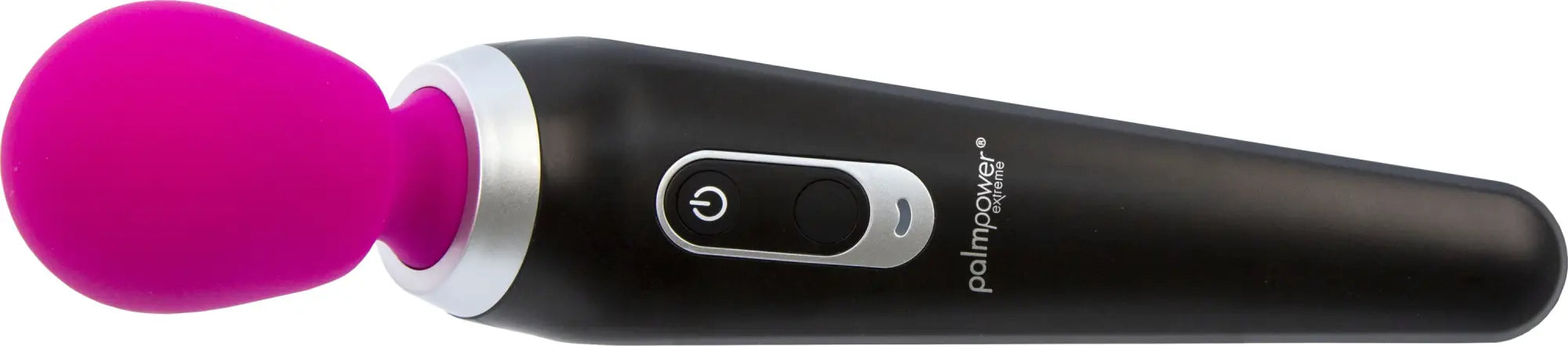 The PalmPower palmspower m10 is a sleek black and vibrant pink handheld vibrator with a smooth ergonomic design