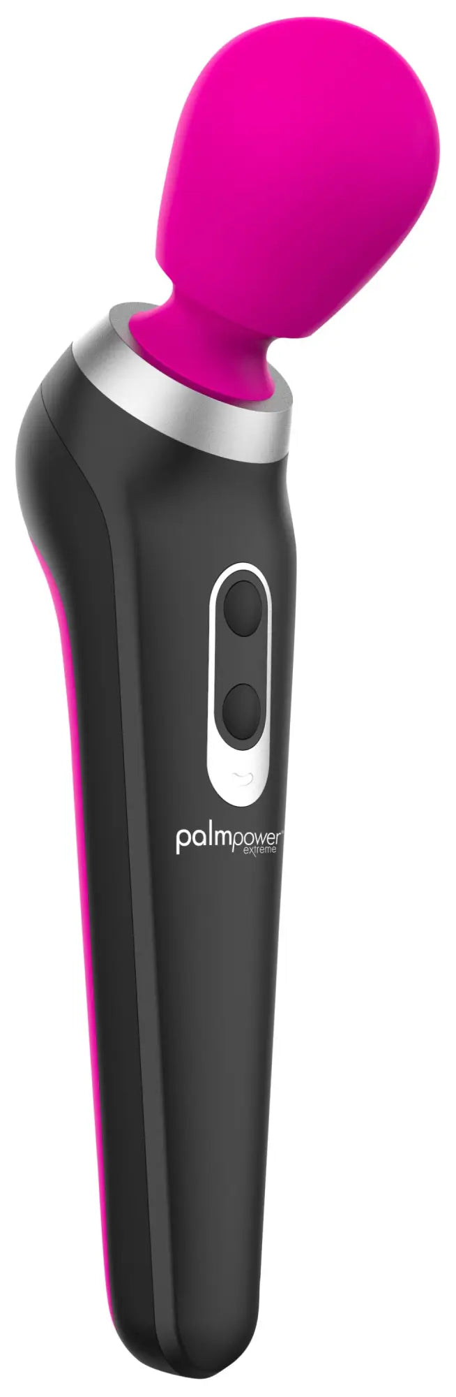 A sleek black and vibrant pink palmpower extreme pink vibe wand with a smooth ergonomic handle and rounded head