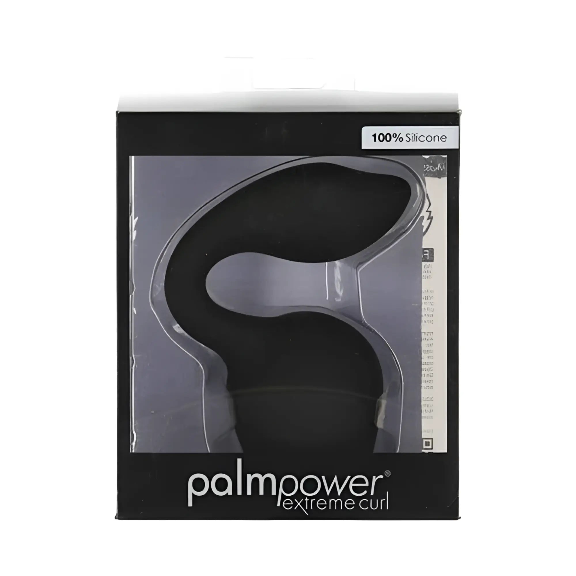 Black 100 percent silicone palm power extreme curl device in retail packaging with extreme pleasure cap black