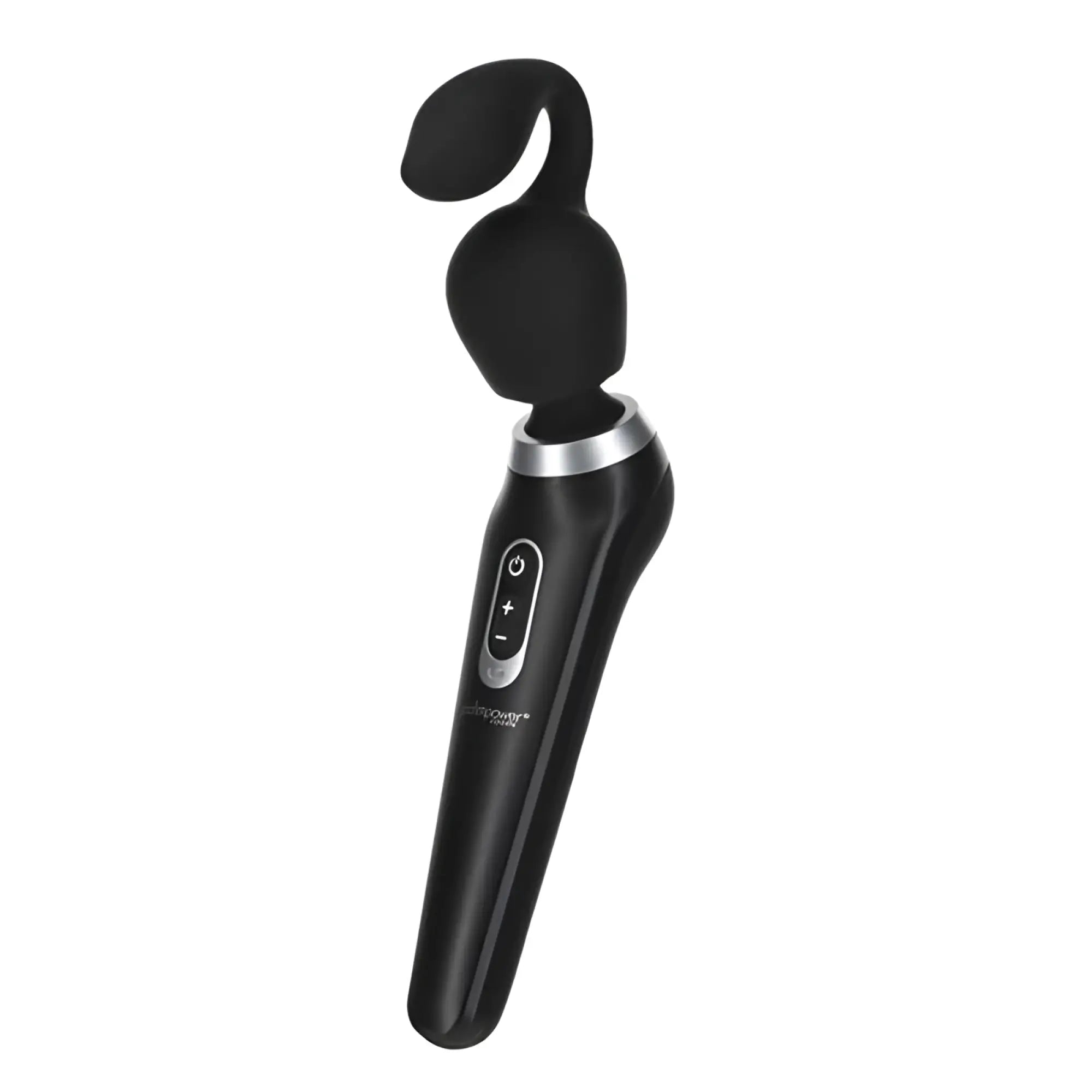 Black silicone wand with a curved rounded head and silver accent ring in the palmpower extreme pleasure cap black product