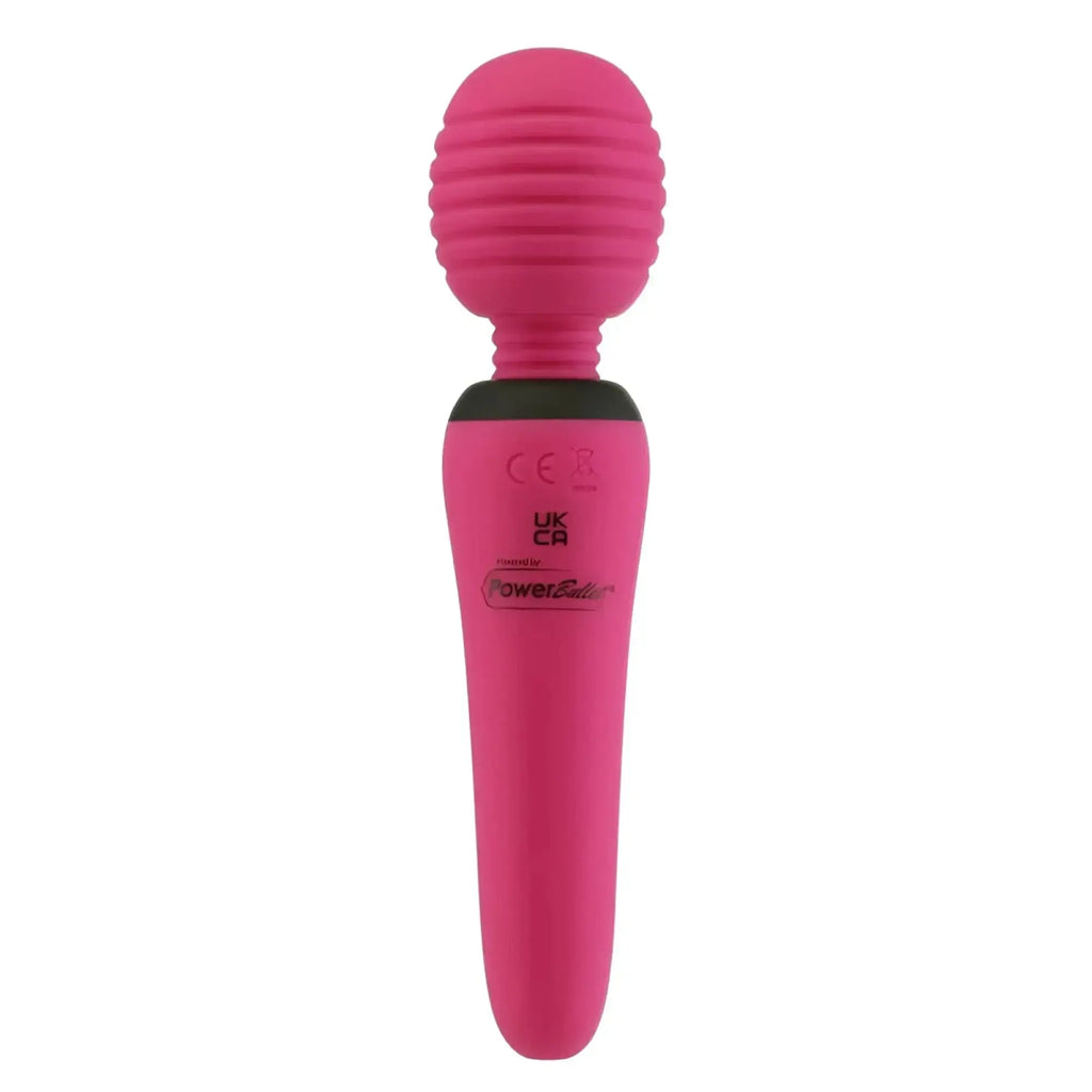 Pink silicone wand with ribbed rounded head and black accent band from PalmPower Groove Mini Wand fuchsia