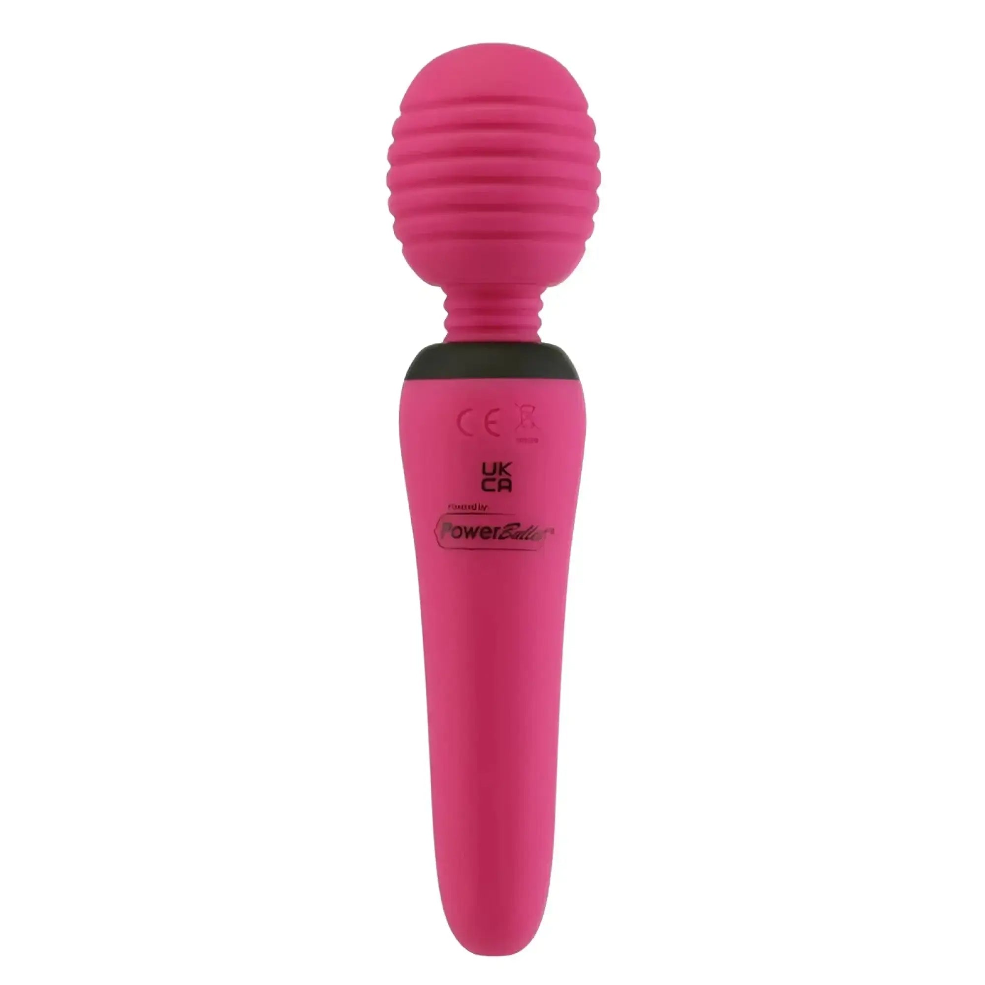 Pink silicone wand with ribbed rounded head and black accent band from PalmPower Groove Mini Wand fuchsia