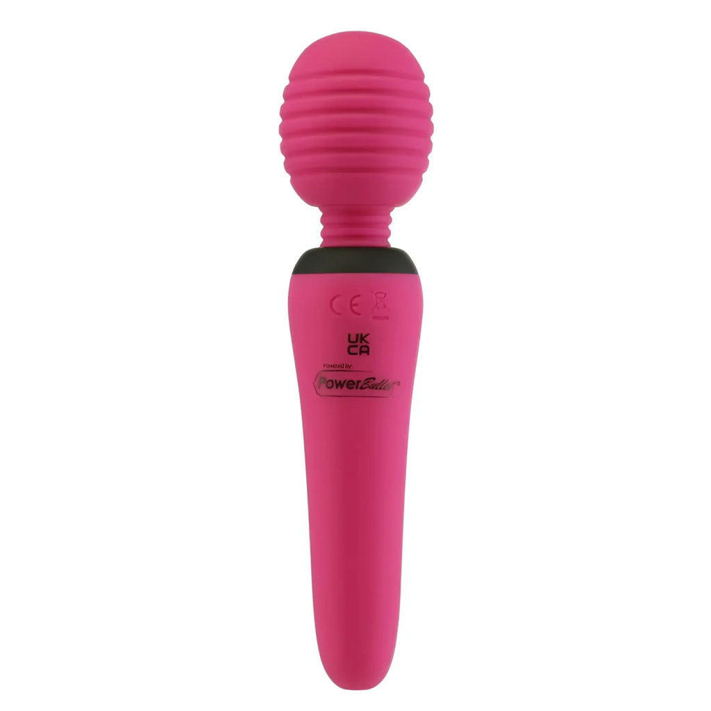 Pink silicone wand with ribbed rounded head and black accent band from PalmPower Groove Mini Wand fuchsia