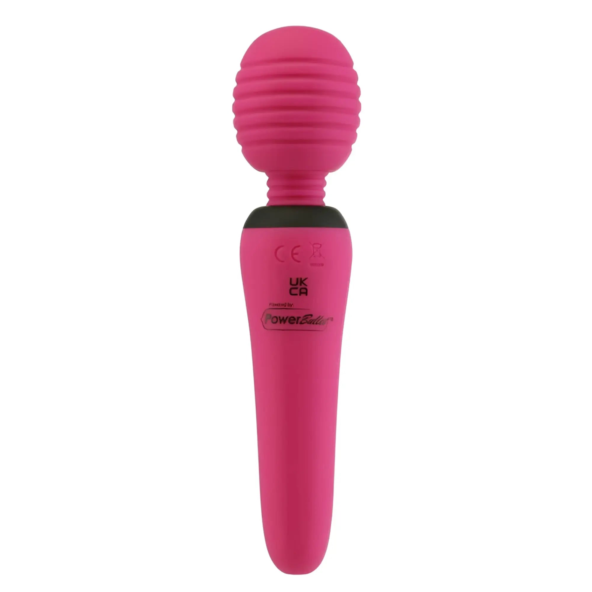 Pink silicone wand with ribbed rounded head and black accent band from PalmPower Groove Mini Wand fuchsia