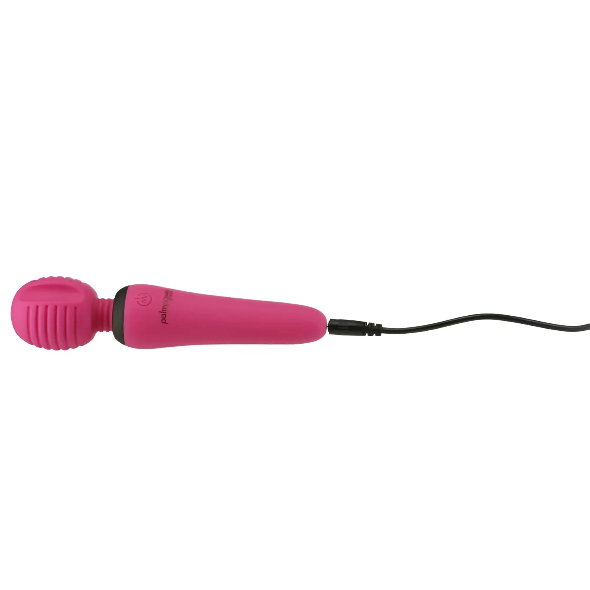 Pink silicone wand with textured head and black cord palmPower groove mini wand fuchsia for personal massage