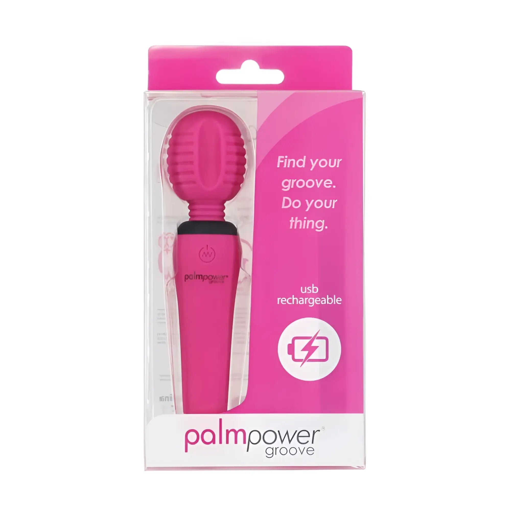 Pink palmpower groove mini wand fuchsia usb rechargeable vibrator with textured ribbed head and smooth handle