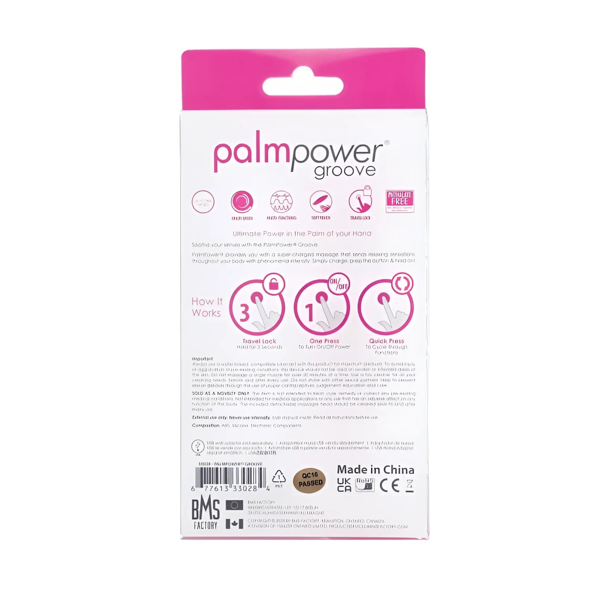 Pink and white packaged palmpower groove mini wand handheld massager in fuchsia for targeted muscle relief