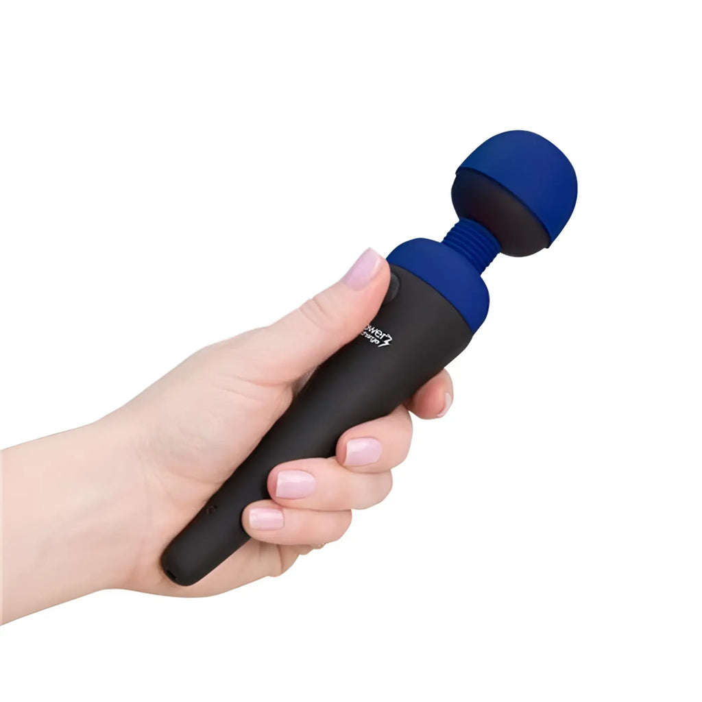 Blue and black handheld palmPower massage wand with rounded head for deep muscle relief and relaxation
