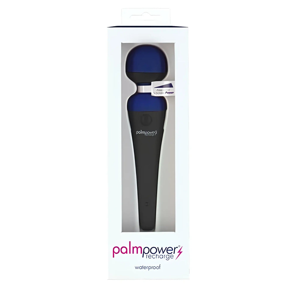 Blue and black palmpower massage wand in packaging with waterproof recharge feature and vibrato function
