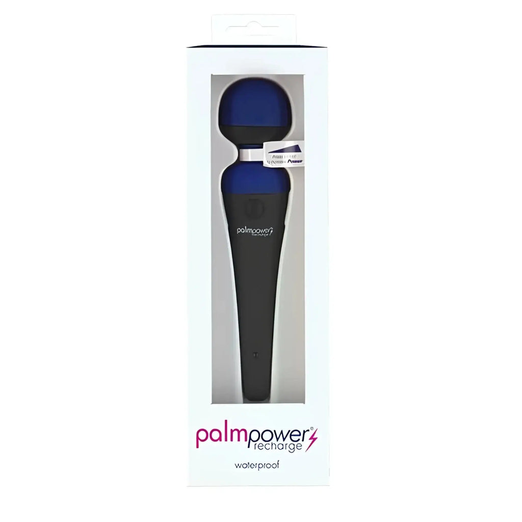 Blue and black palmpower massage wand in packaging with waterproof recharge feature and vibrato function