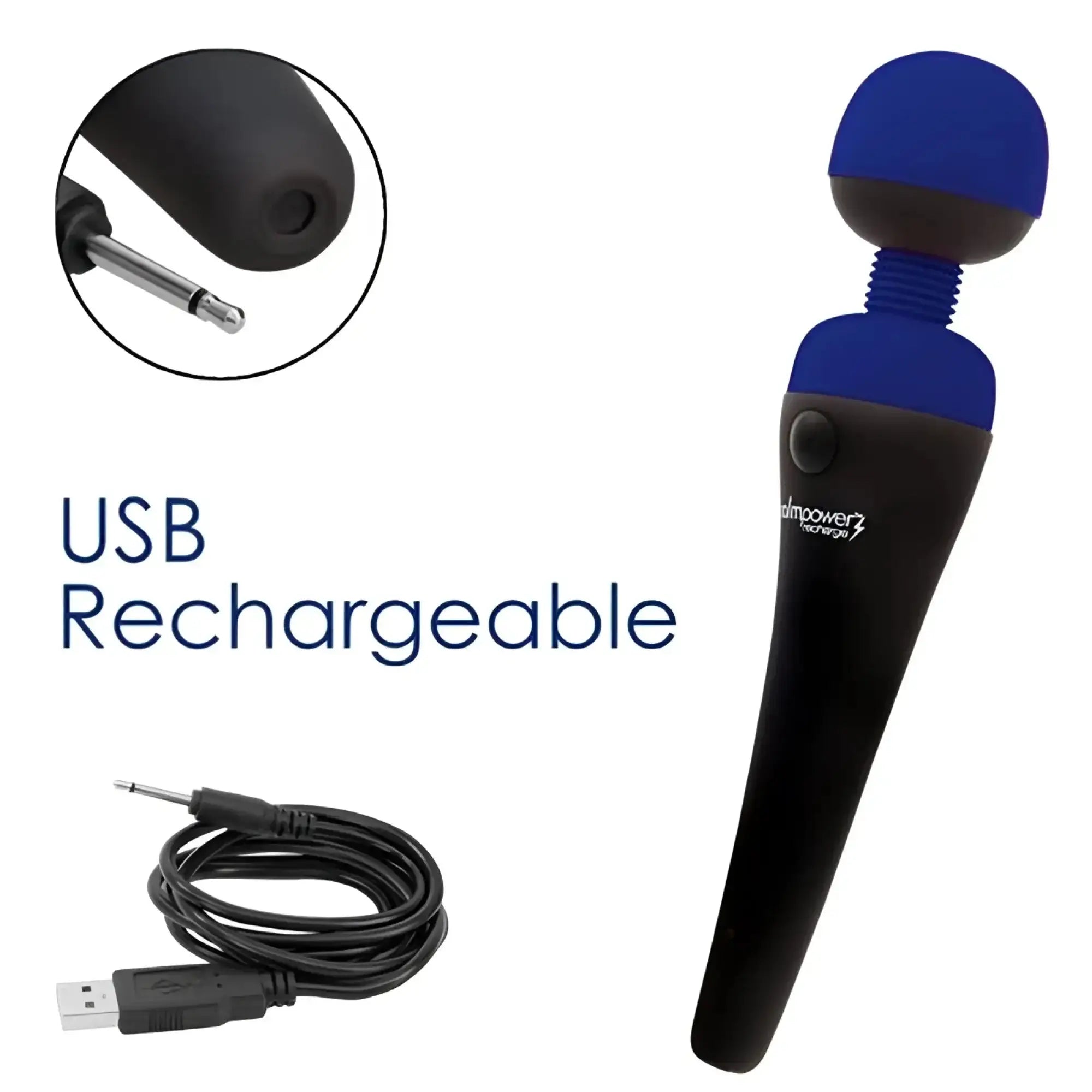Blue and black PalmPower massage wand with textured grip and USB rechargeable feature for handheld use