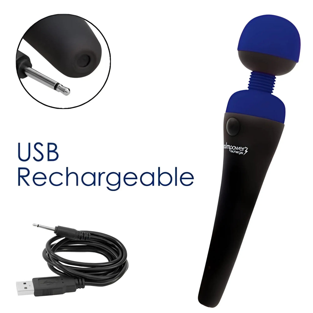 Blue and black PalmPower massage wand with textured grip and USB rechargeable feature for handheld use